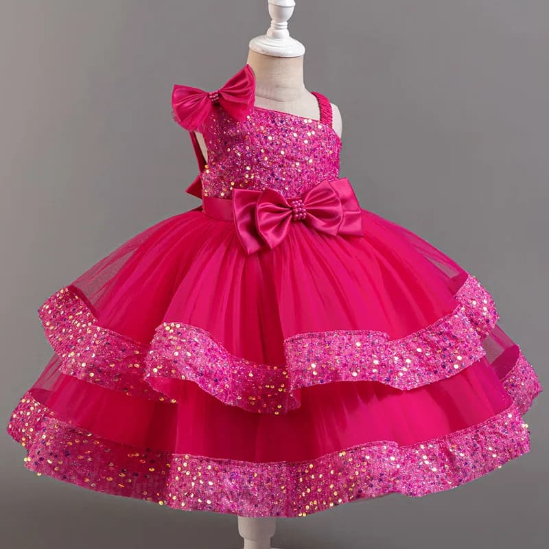 Robe de princesse en maille pour filles, avec nœud à paillettes, col irrégulier, pour fête d'anniver