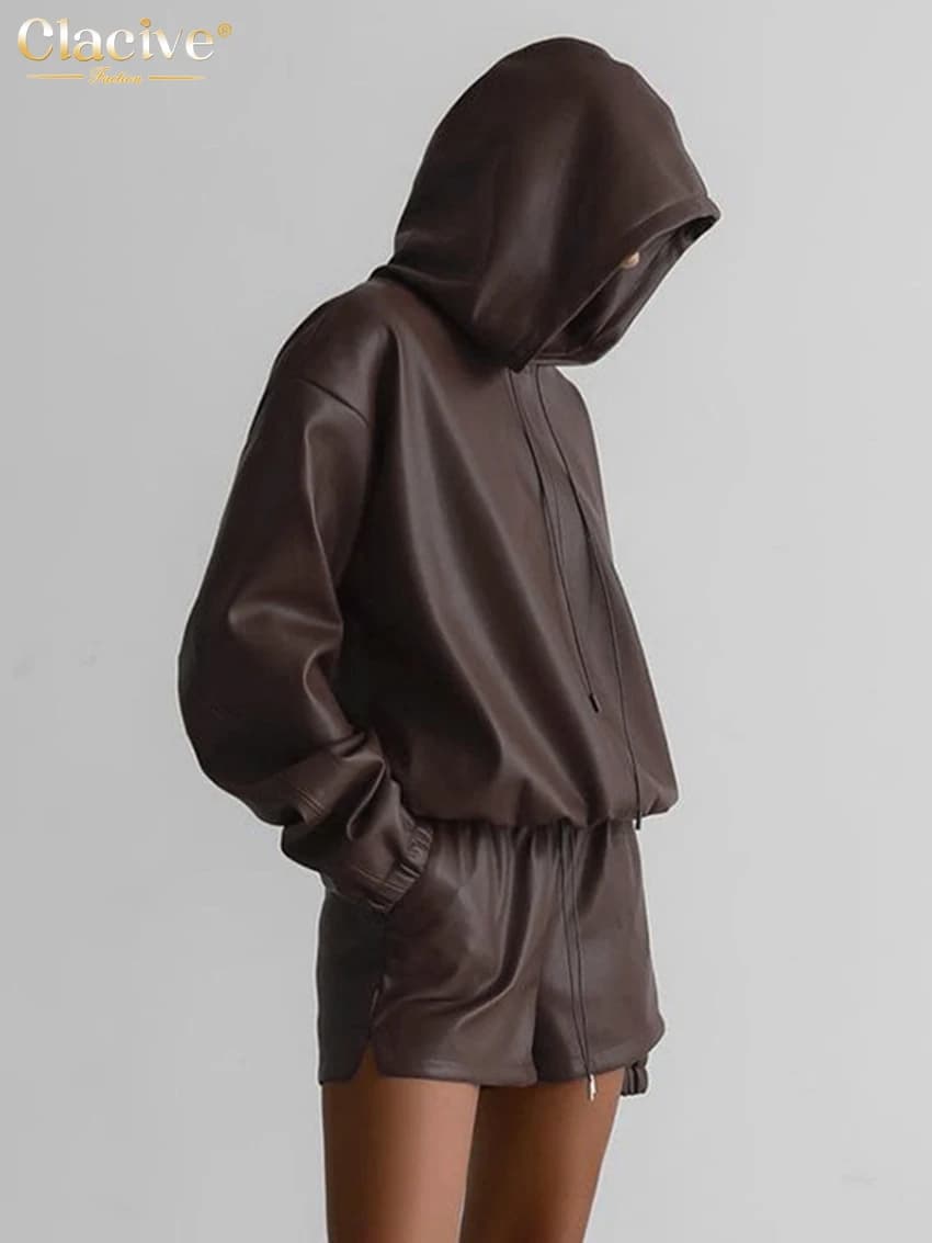 ClacMarkets-Ensemble 2 pièces en cuir PU marron pour femme, haut à capuche élégant, manches longues,