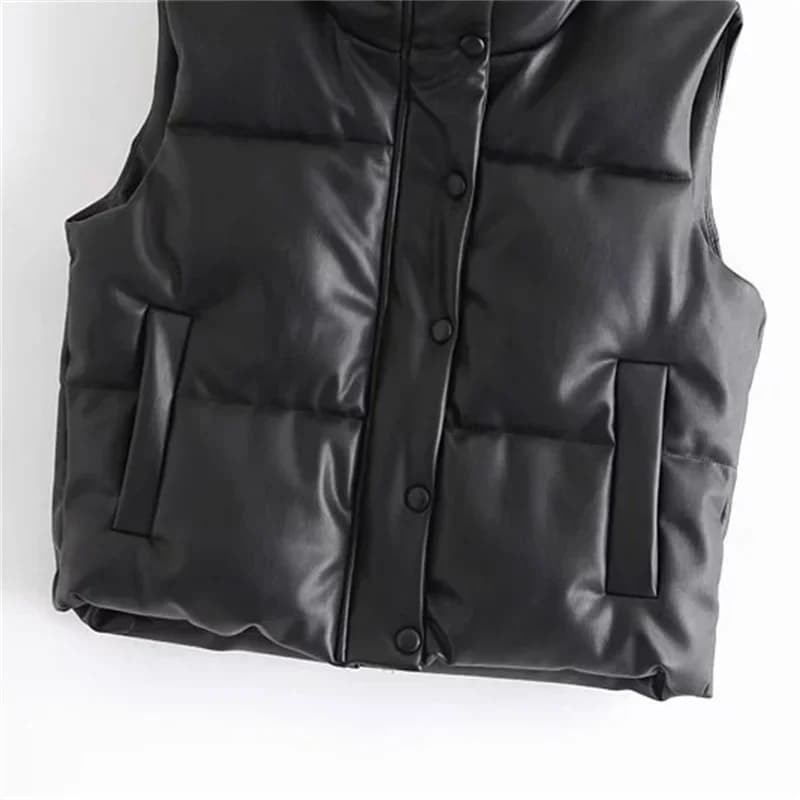 Veste en similicuir PU pour femme, gilet en duvet, PU noir, glaçure bouffante, parkas optiques, stre