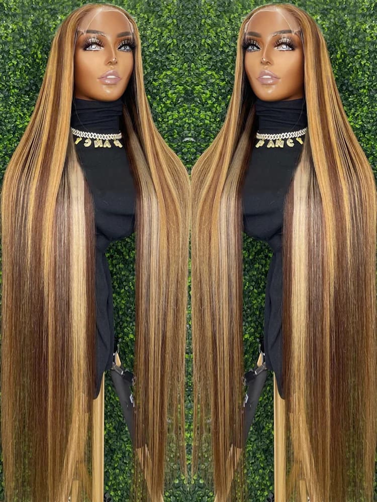 Perruque Lace Front Wig sans colle naturelle ombrée, cheveux lisses, blond miel, 13x6 HD, 30 34 pouc