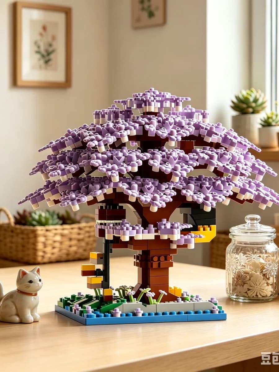 Micro-blocs de construction Maison dans les Arbres Sakura Rose et Violet, Ornements DIY faits à la m