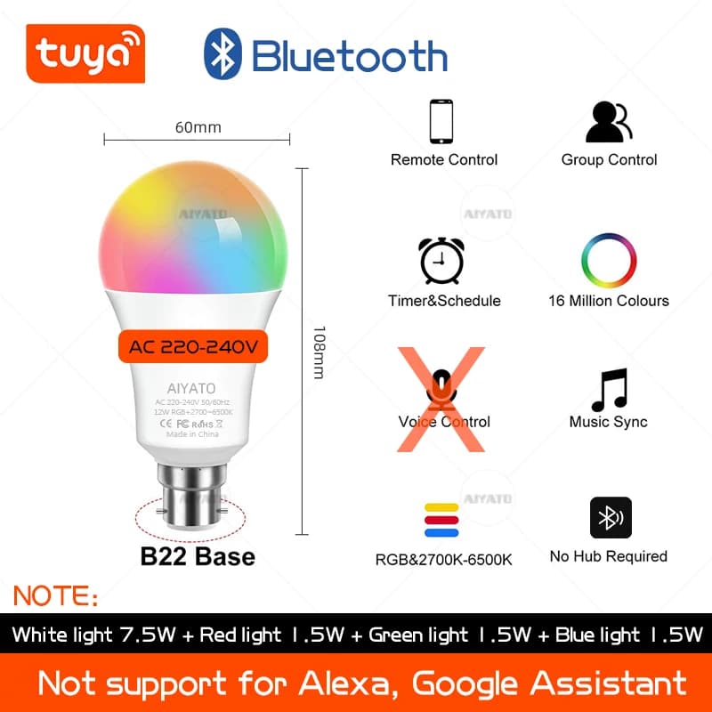 Ampoule intelligente Wi-Fi TUYA B22 (norme britannique) avec Bluetooth, LED RGB, 220V, contrôle voca