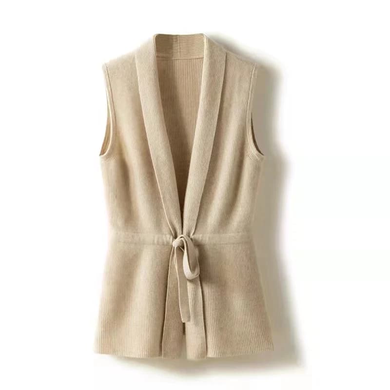 Cardigan tricoté sans manches à col en V monochrome pour femme, gilet en cachemire, pull ample, 100%