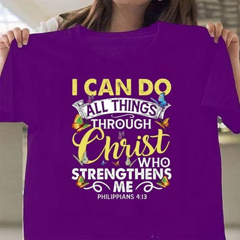 T-shirt manches courtes col rond femme, imprimé I Can Do All Thing Through Christ