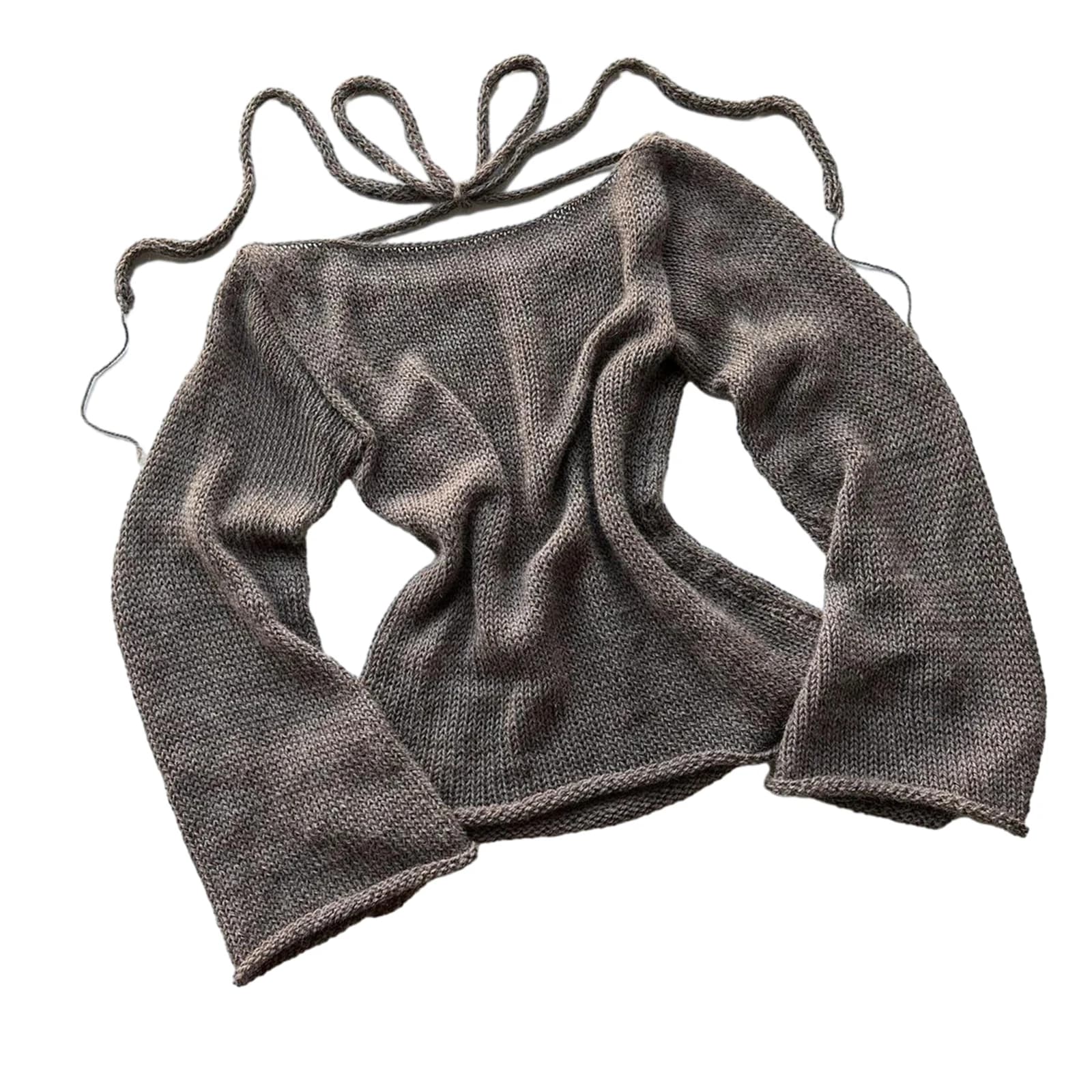 Mode femmes T-shirt cravate dos chandails à manches longues col bateau couleur unie tricot pull déco