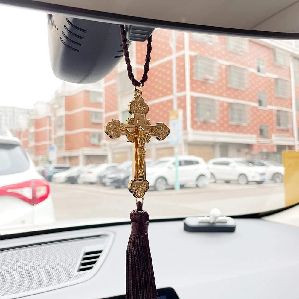 HTISOK Pendentif croix orthodoxe Jésus Statue du Christ Crucifix Pendentif de voiture Décor religieu