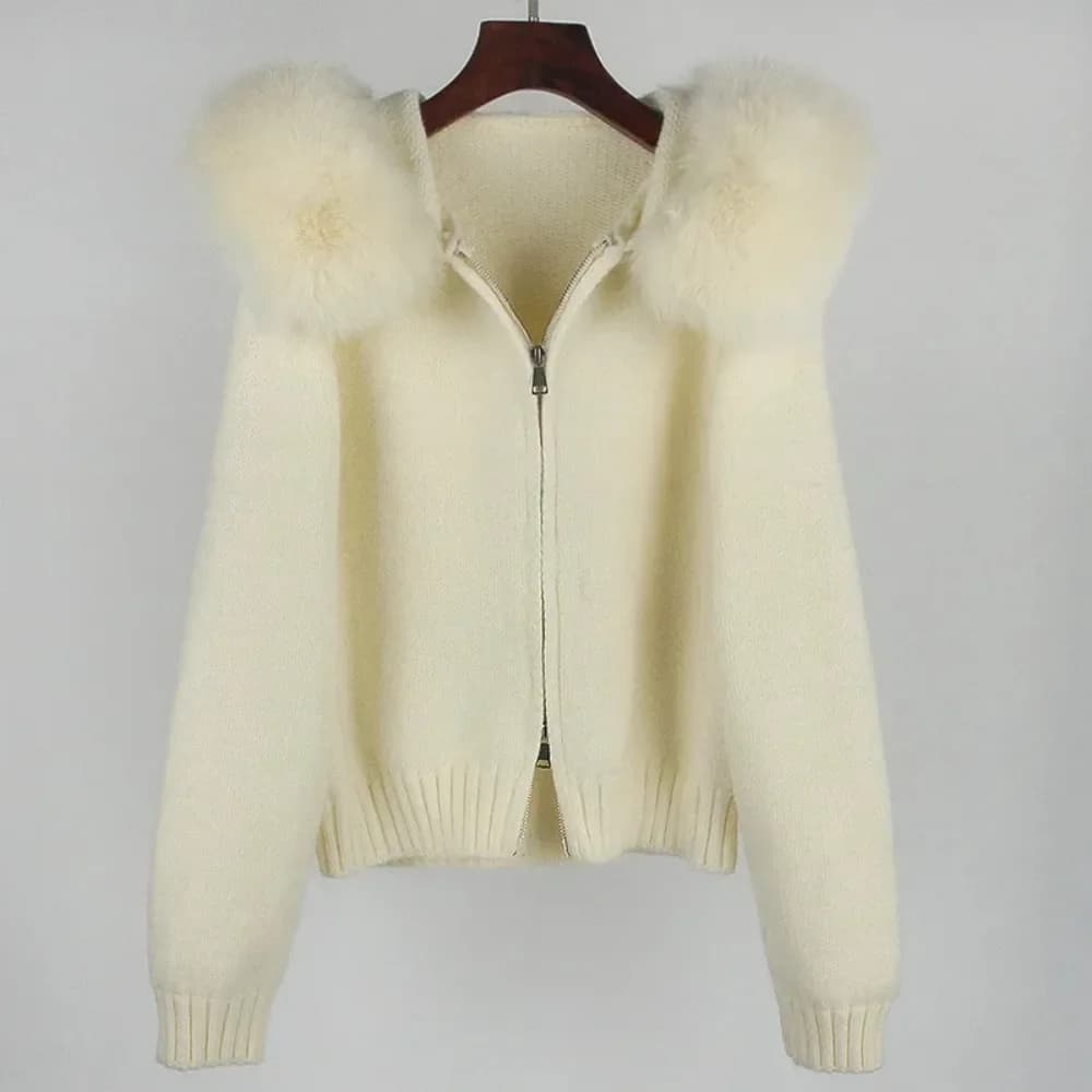 Veste courte tricotée avec manteau en fourrure naturelle pour femme, manteau décontracté à capuche, 