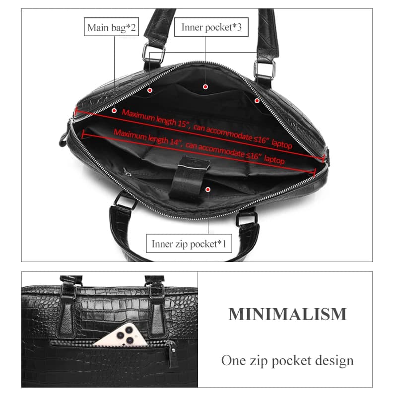 Sac pour ordinateur portable en cuir véritable gaufré crocodile, sacoche d'affaires pour homme, sac 