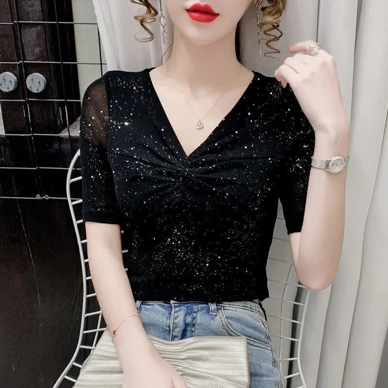 Femmes à manches courtes maille T-shirt été brillant fond haut décontracté brillant soie plissée che