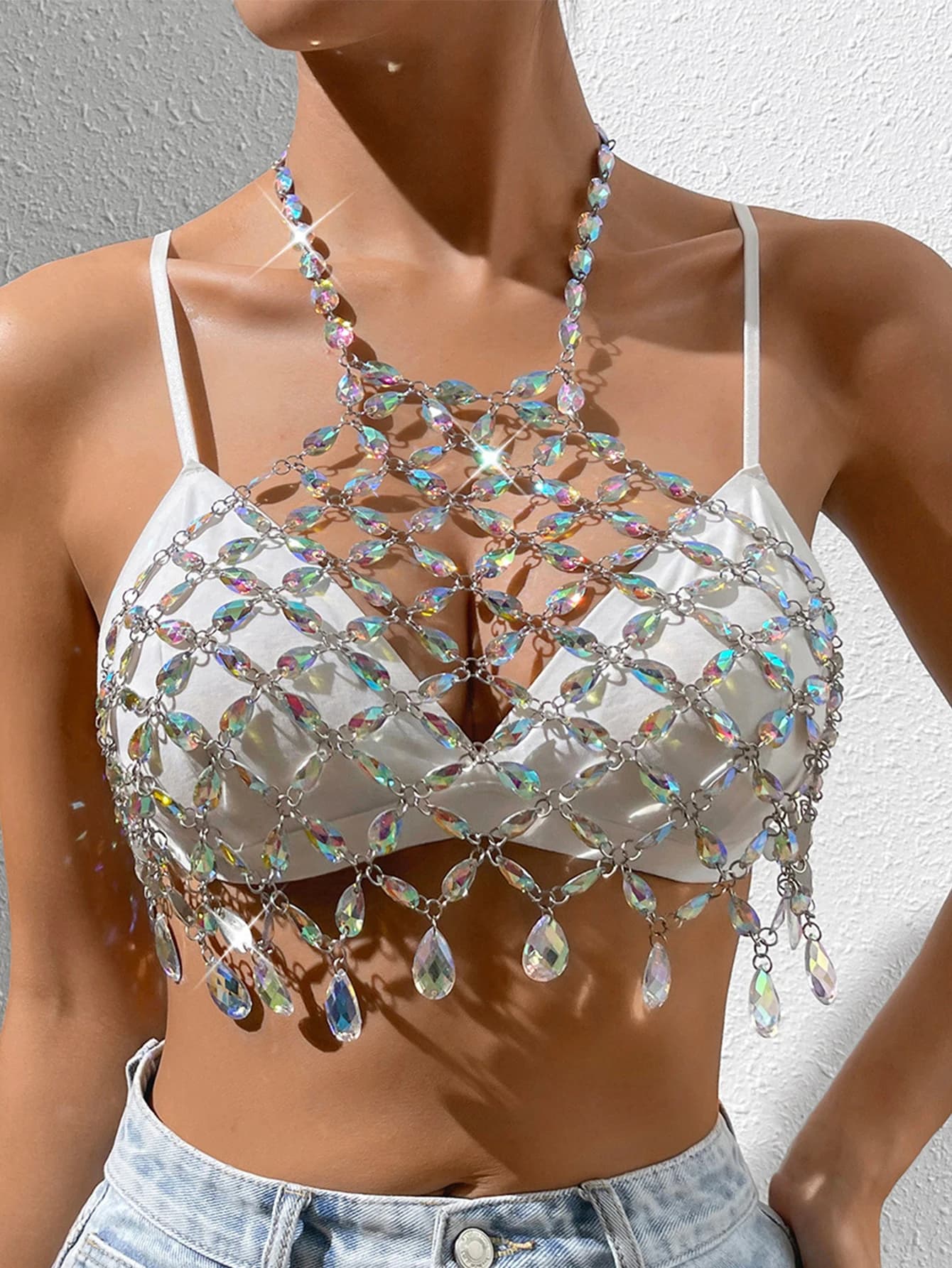 Crop top sexy transparent à strass pour femme, été 2026, style halter, pour plage, soirée, club, rav