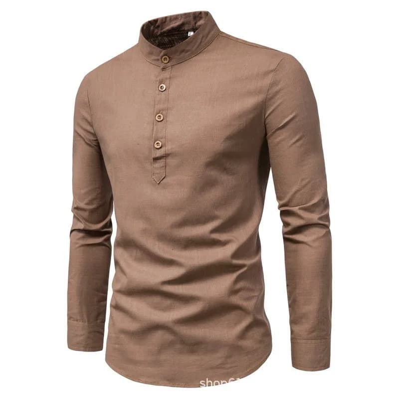 Chemise d'affaires à manches longues et col montant pour hommes, couleur unie, décontractée, ajustée