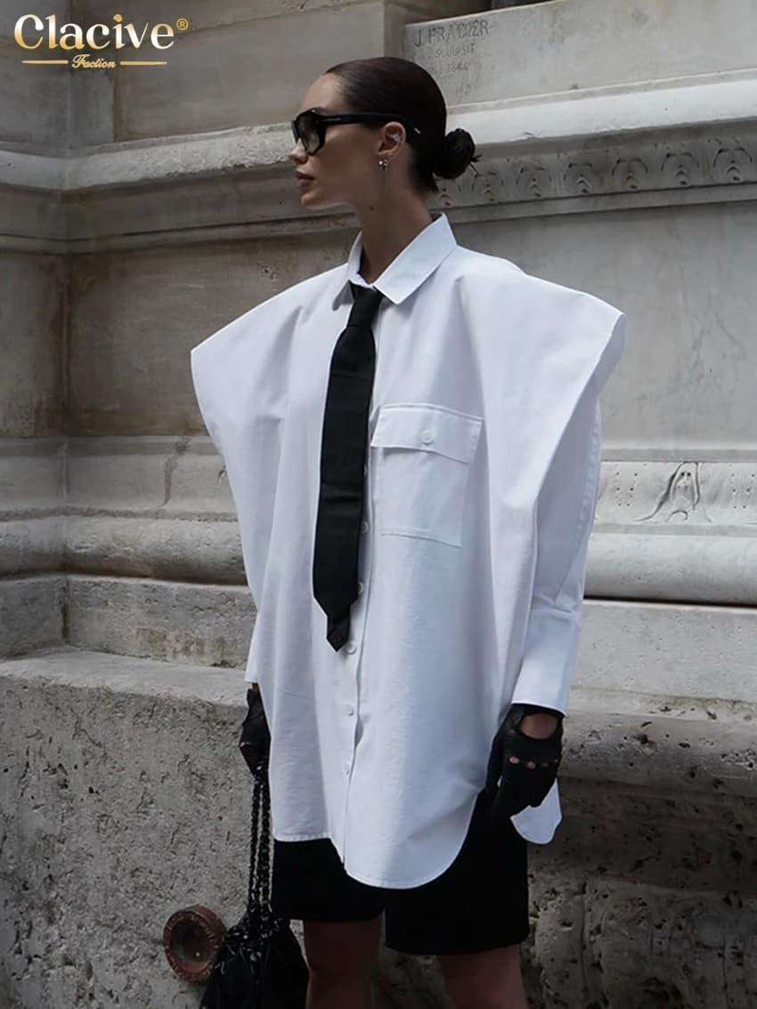 ClacMarkets-Chemisier Blanc à Manches sulfpour Femme, Streetwear, Élégant, Chic, avec Poche, à la Mo