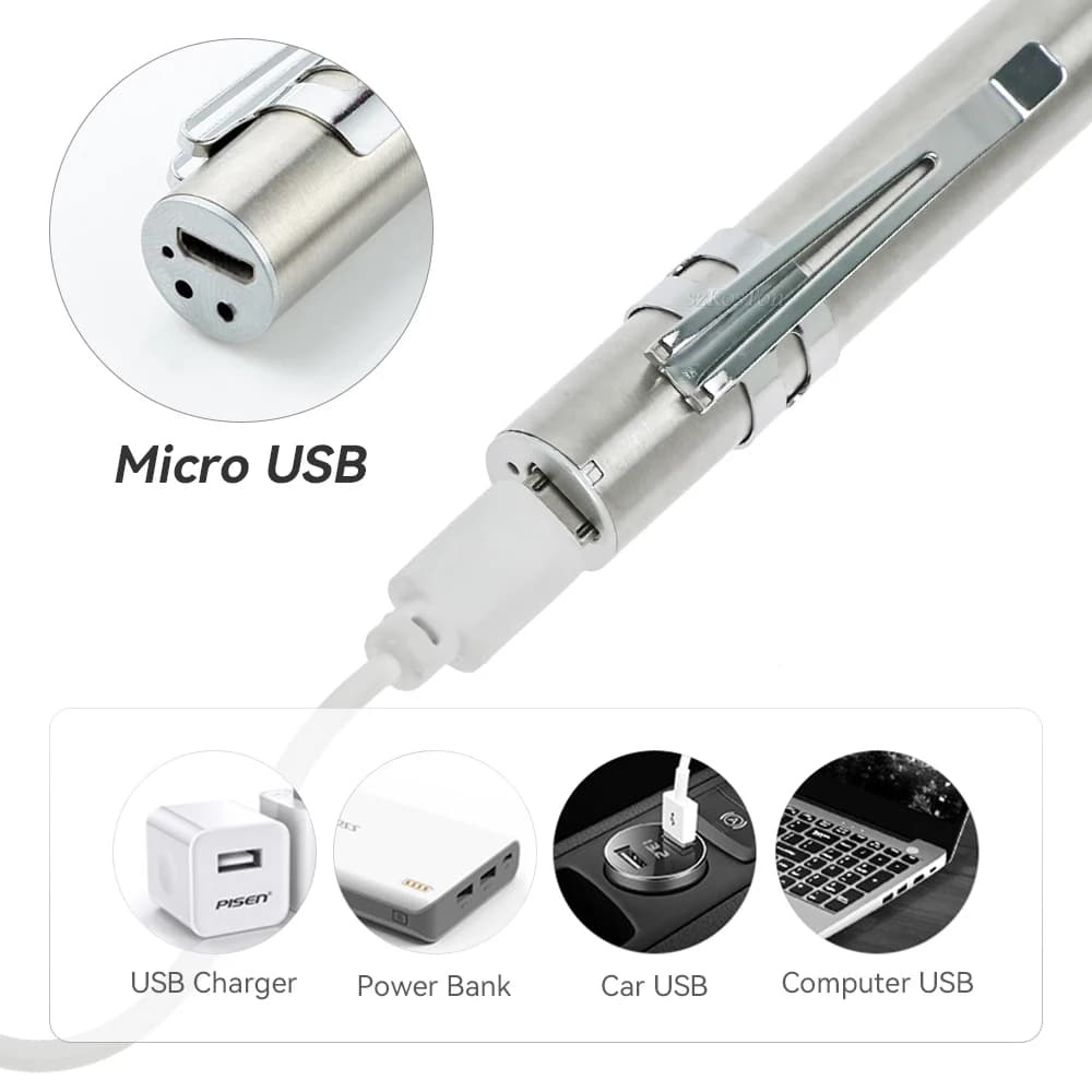 Mini lampe de poche médicale portable aste par USB avec pince en acier inoxydable, lampe torche LED 