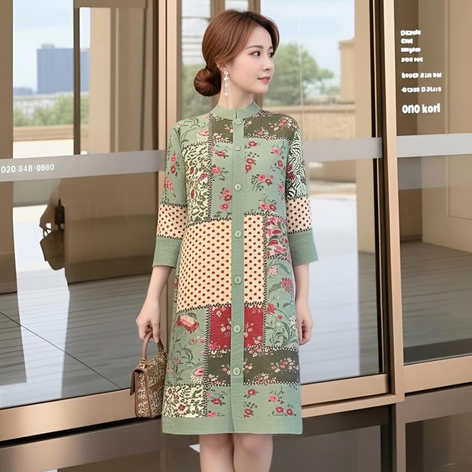 Robe Cardigan Plissée Miyake Femme Tendance Imprimée Col Montant Manches 3/4 Boutonnage Simple Éléga