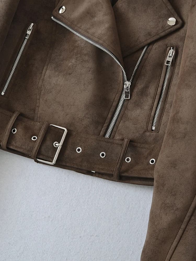 Ailegogo printemps automne femmes Vintage lâche faux cuir veste streetwear femmes Vintage moto ceint