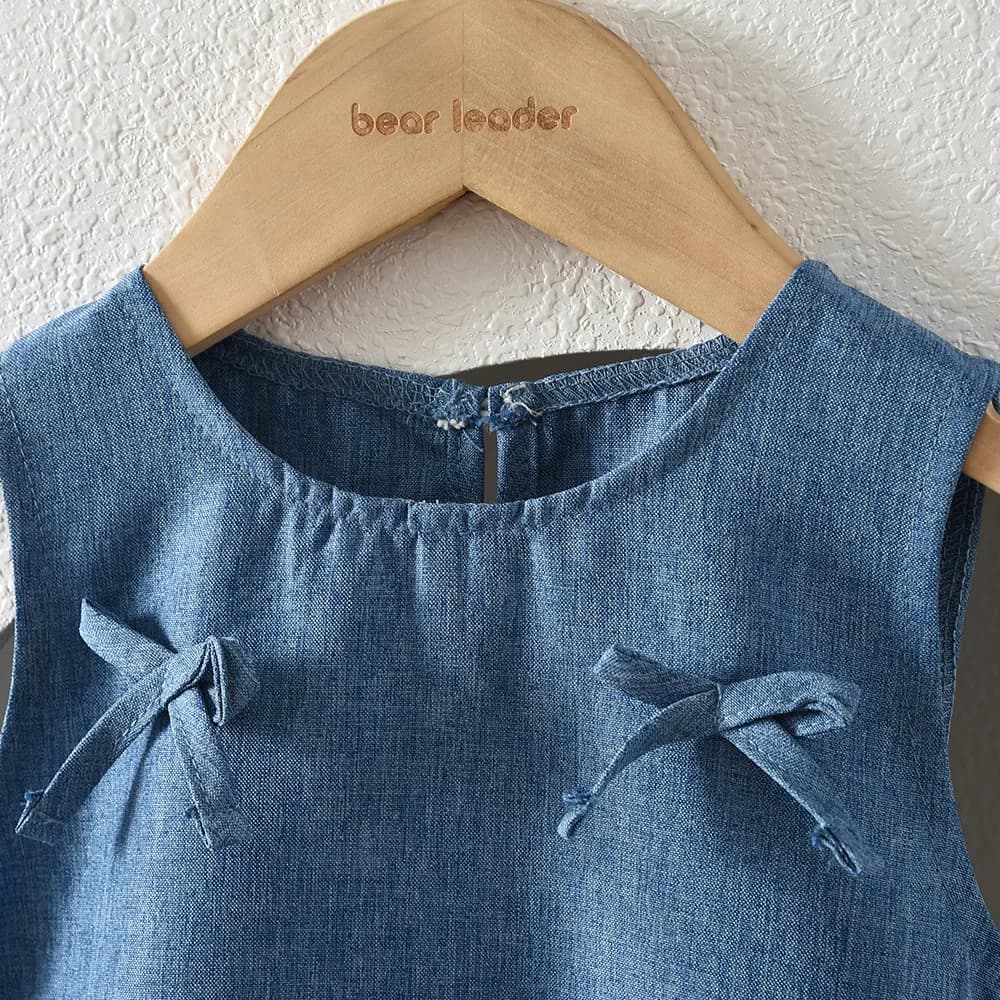 Nouvelle Robe Princesse d'Été Bleue Décontractée pour Filles, Col Rond, Sans Manches, avec Nœud et D