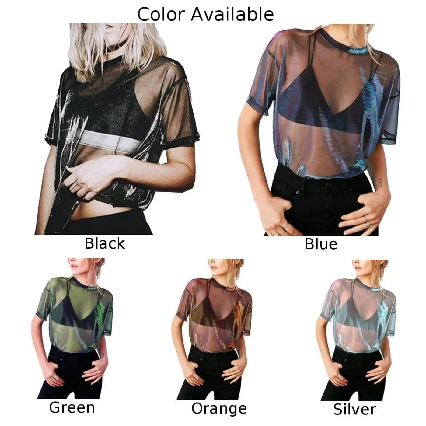 Haut transparent en maille brillante pour femme, t-shirt transparent pour femme, chemisier sexy, che