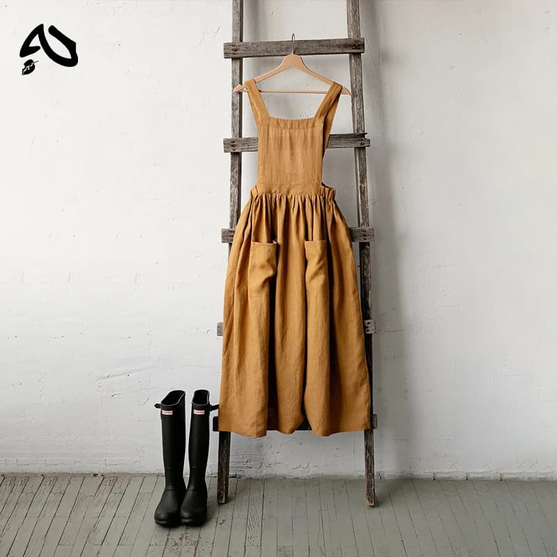 Original Robe en lin de coton chic et élégante pour femme, col carré, dos croisé, style japonais fra