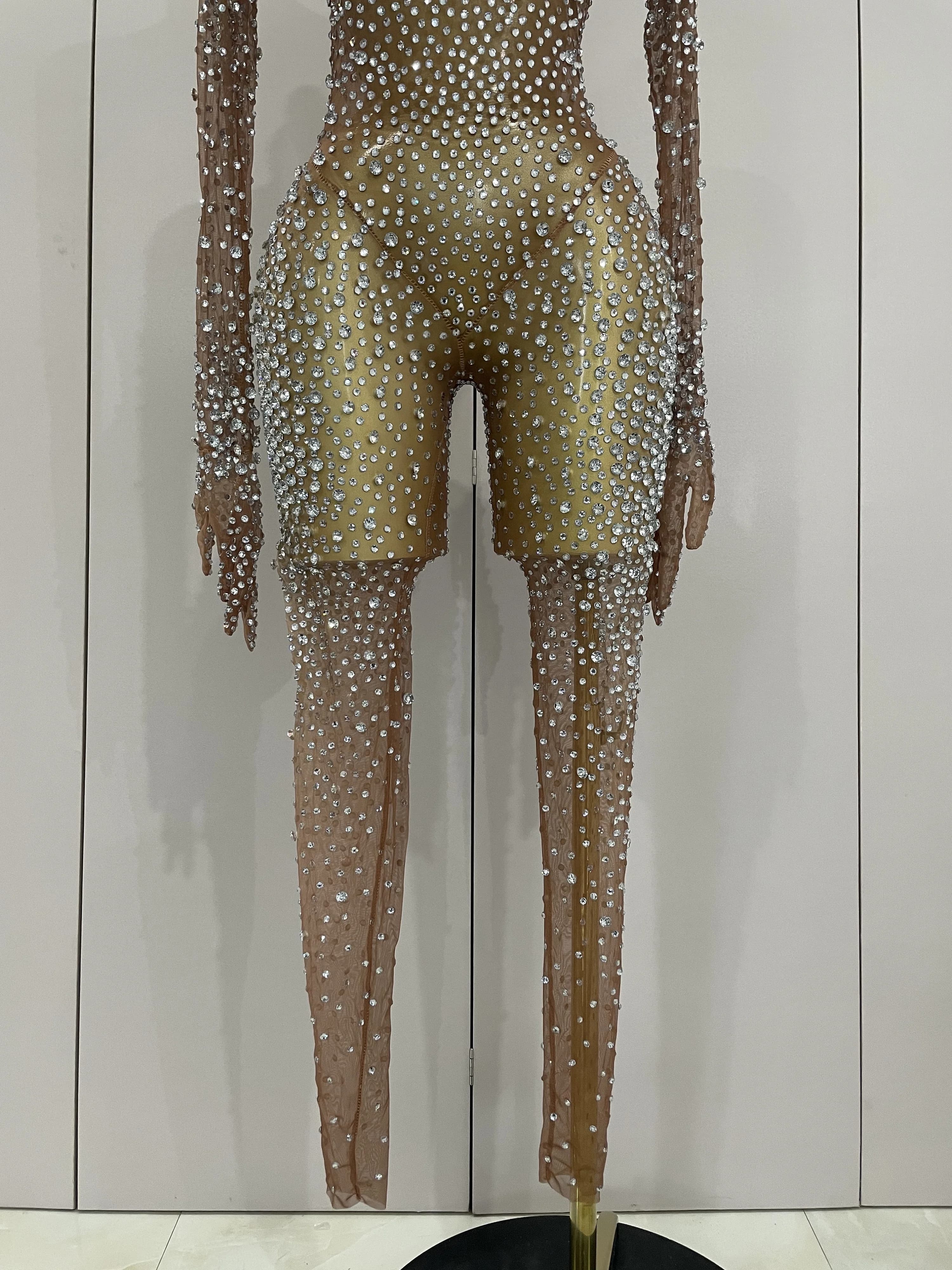 Combinaison de luxe en maille transparente pour femmes, strass scintillants, Sexy, moulante, robe d'