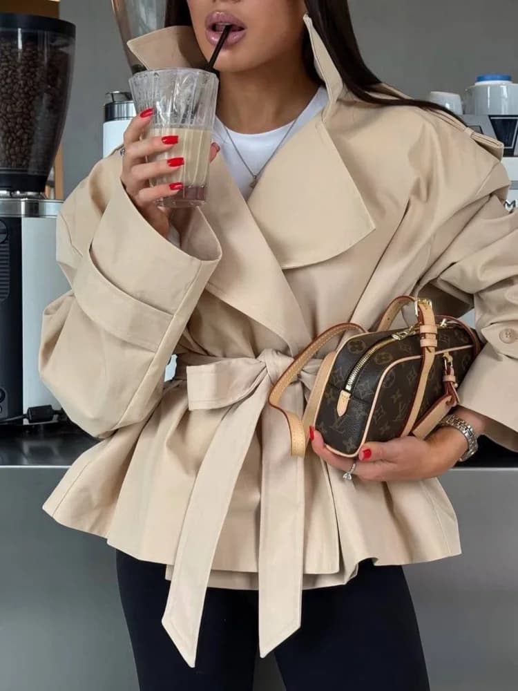 Dame couleur unie à lacets veste élégant Chic à manches longues revers bouton manteau ample automne 