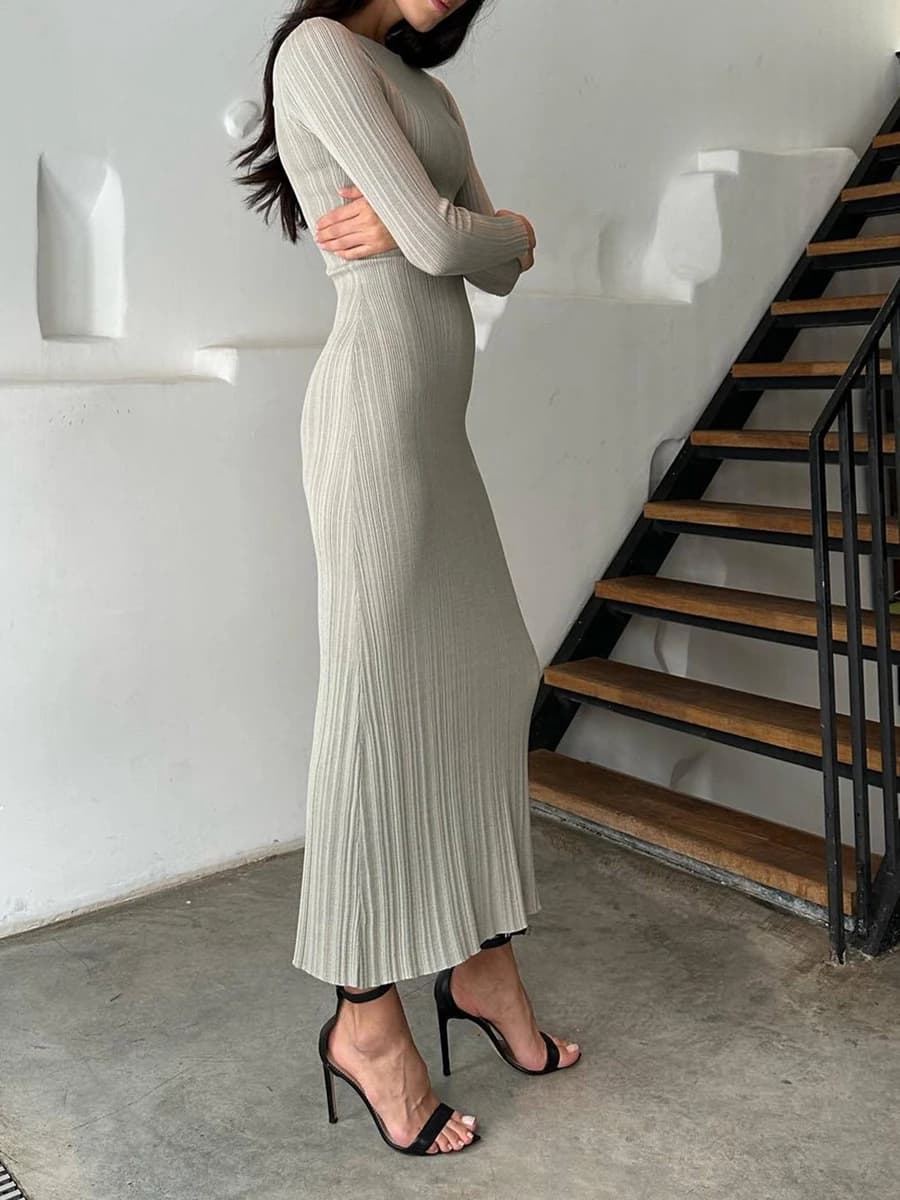 Femmes printemps automne couleur unie moulante robe en tricot à manches longues col rond robe côtelé