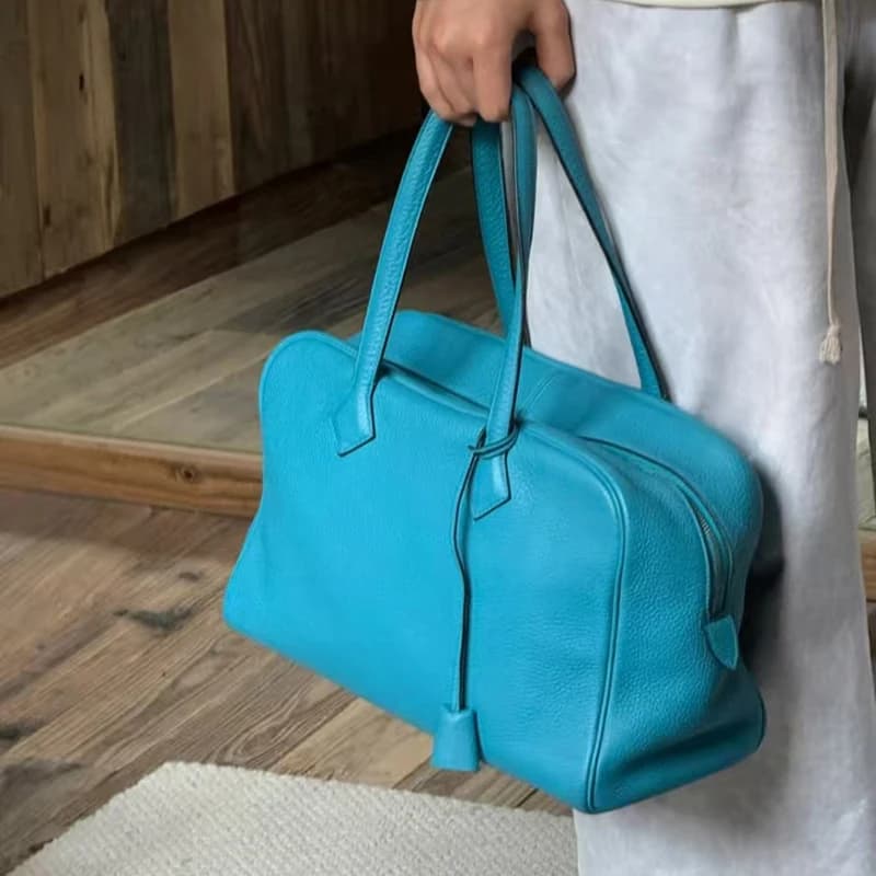 Sac Boston en cuir de marque haut de gamme, bleu, grande capacité, rectangulaire, sac à bandoulière 