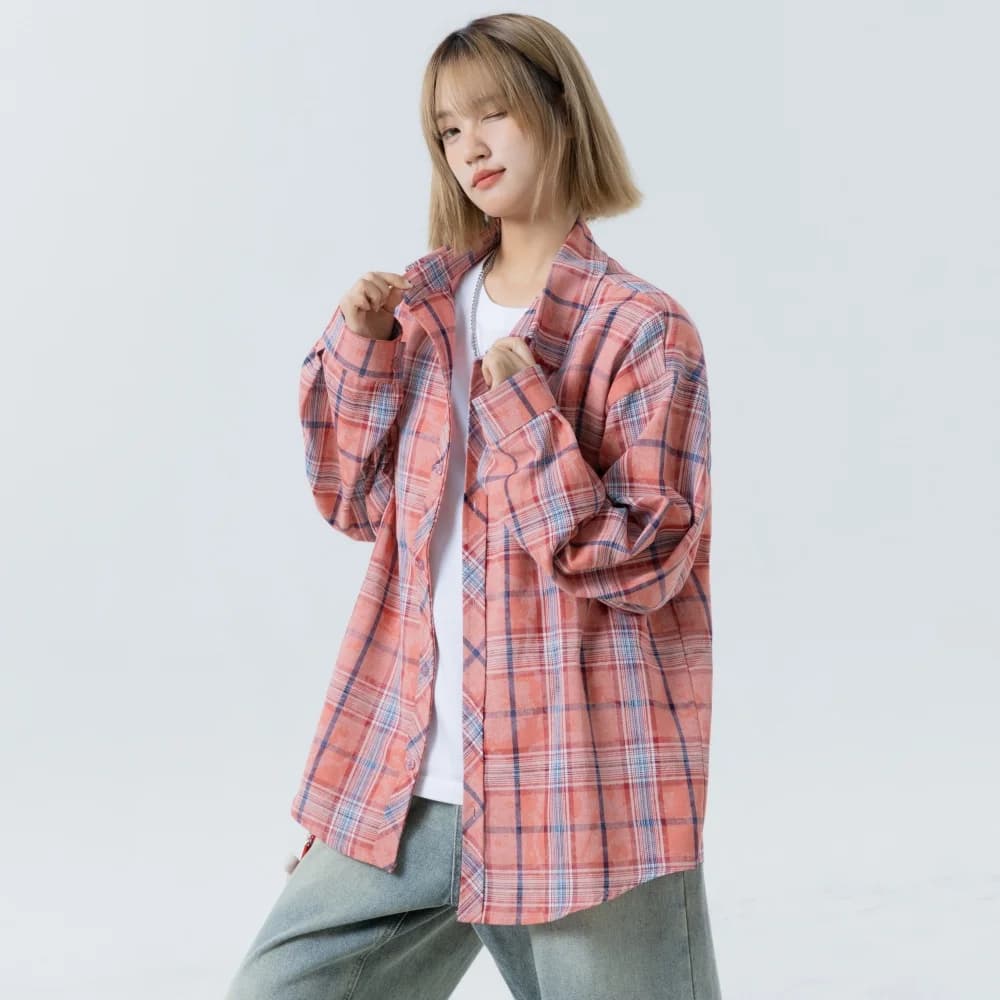 Chemisier à carreaux oversize pour femme avec broderie pomme – Blouses et chemises décontractées ten
