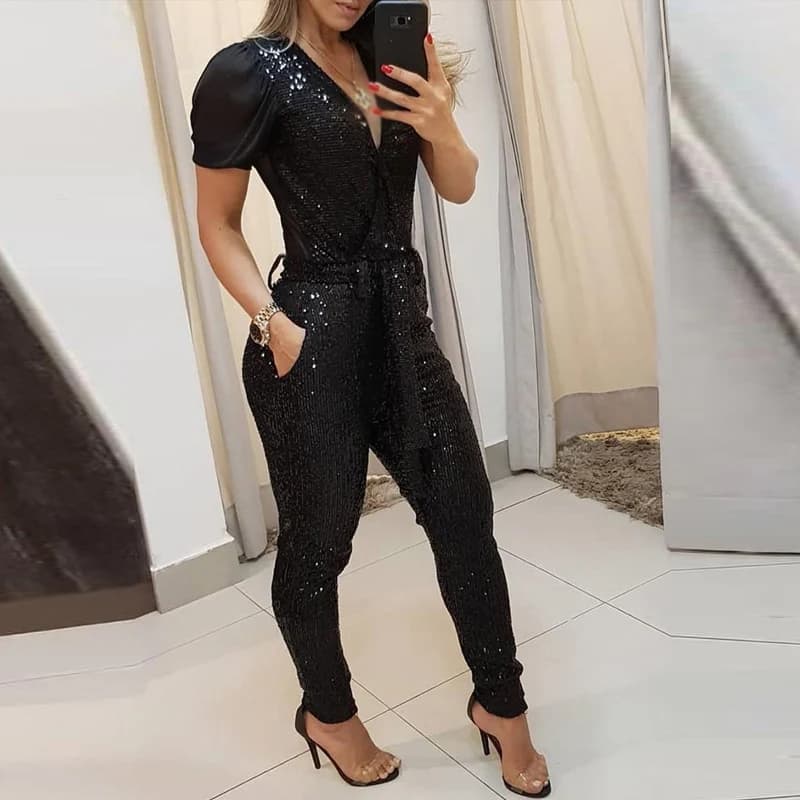 Combishort élégant à paillettes pour femmes, combinaison décontractée à manches courtes, col en V, c