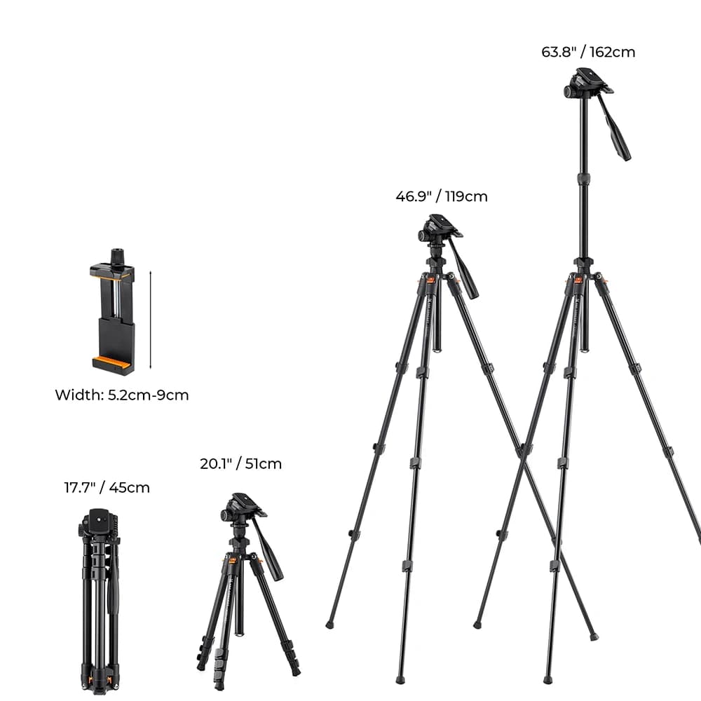 K&F CONCEPT Trépied vidéo 64 pouces/162 cm, trépieds légers en aluminium pour la photographie, le st