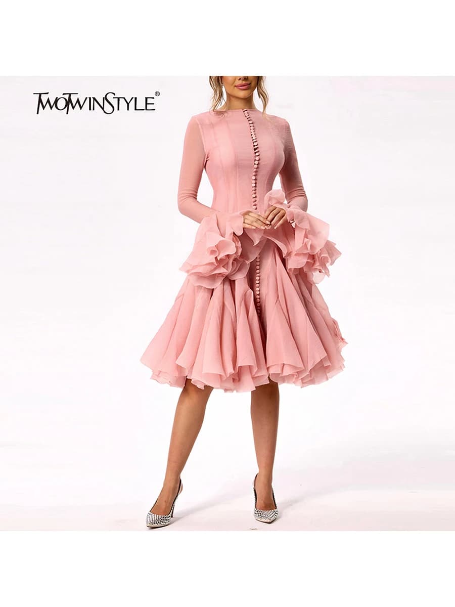 TWOTWINSTYLE – robe plissée irrégulière pour femmes, Patchwork, mode, manches longues lanterne, tail