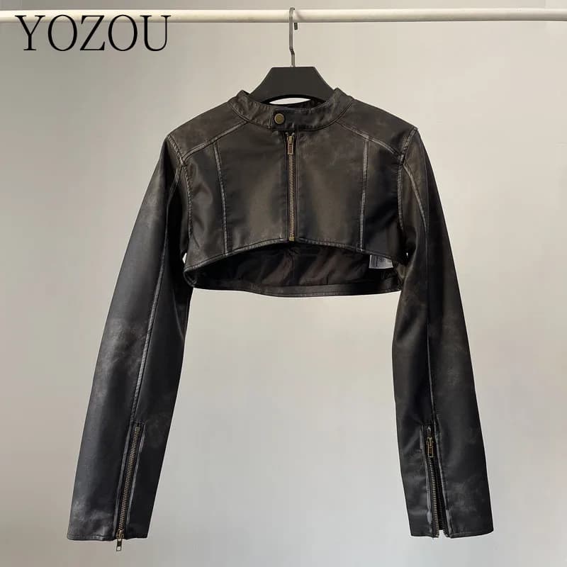 YOZOU-Veste de Motard en Faux Cuir PU pour Femme, Manteau Court à Fermeture Éclair, Tenues Rave, Str