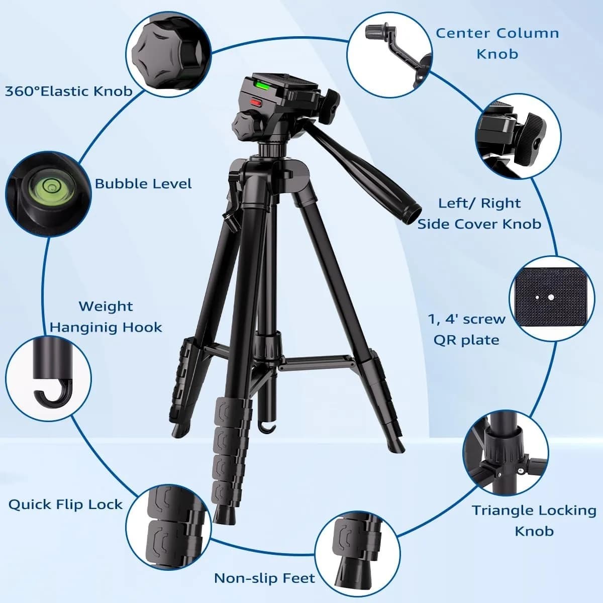 Trépied d'appareil photo, trépied d'appareil photo DSLR 74" avec 1 plaque QR pour Sony/Nikon/Canon, 