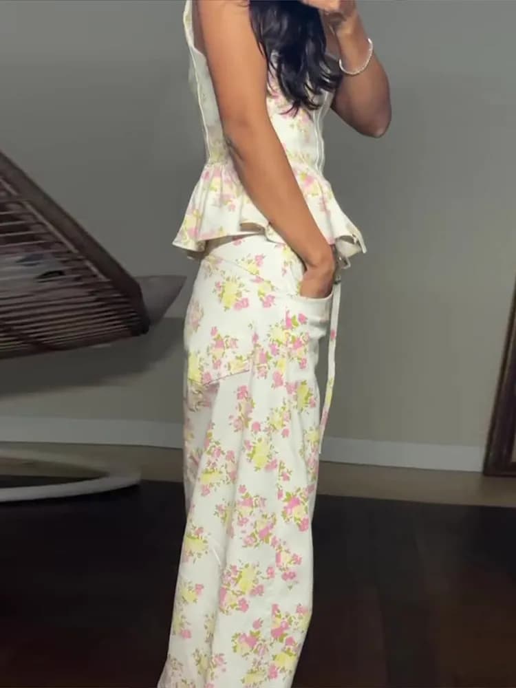 Ensemble élégant imprimé pour femme : débardeur à volants sans manches et pantalon large – Tenue de 