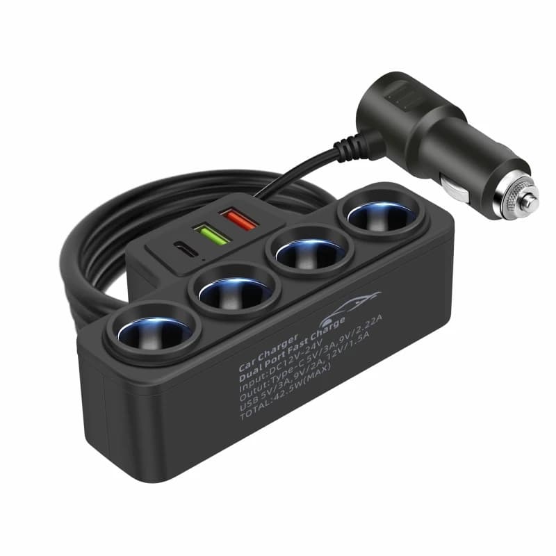 Chargeur de voiture multifonctionnel, Ports 2USB + 1PD pour une charge rapide, quatre prises allume-
