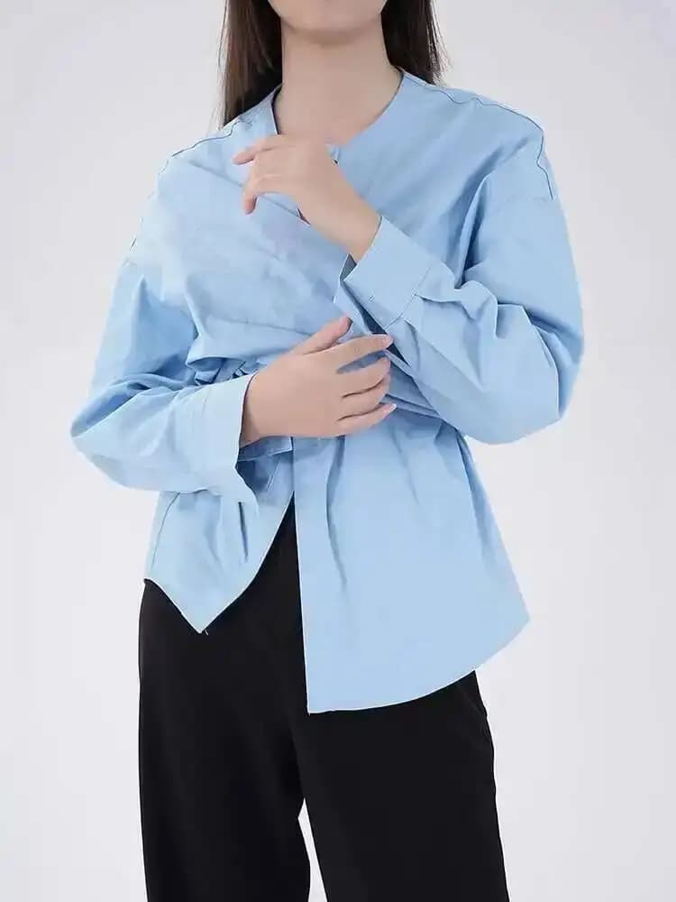 LANMREM-Chemisier bandage à manches longues pour femmes, chemise taille froncée, chemisier irrégulie