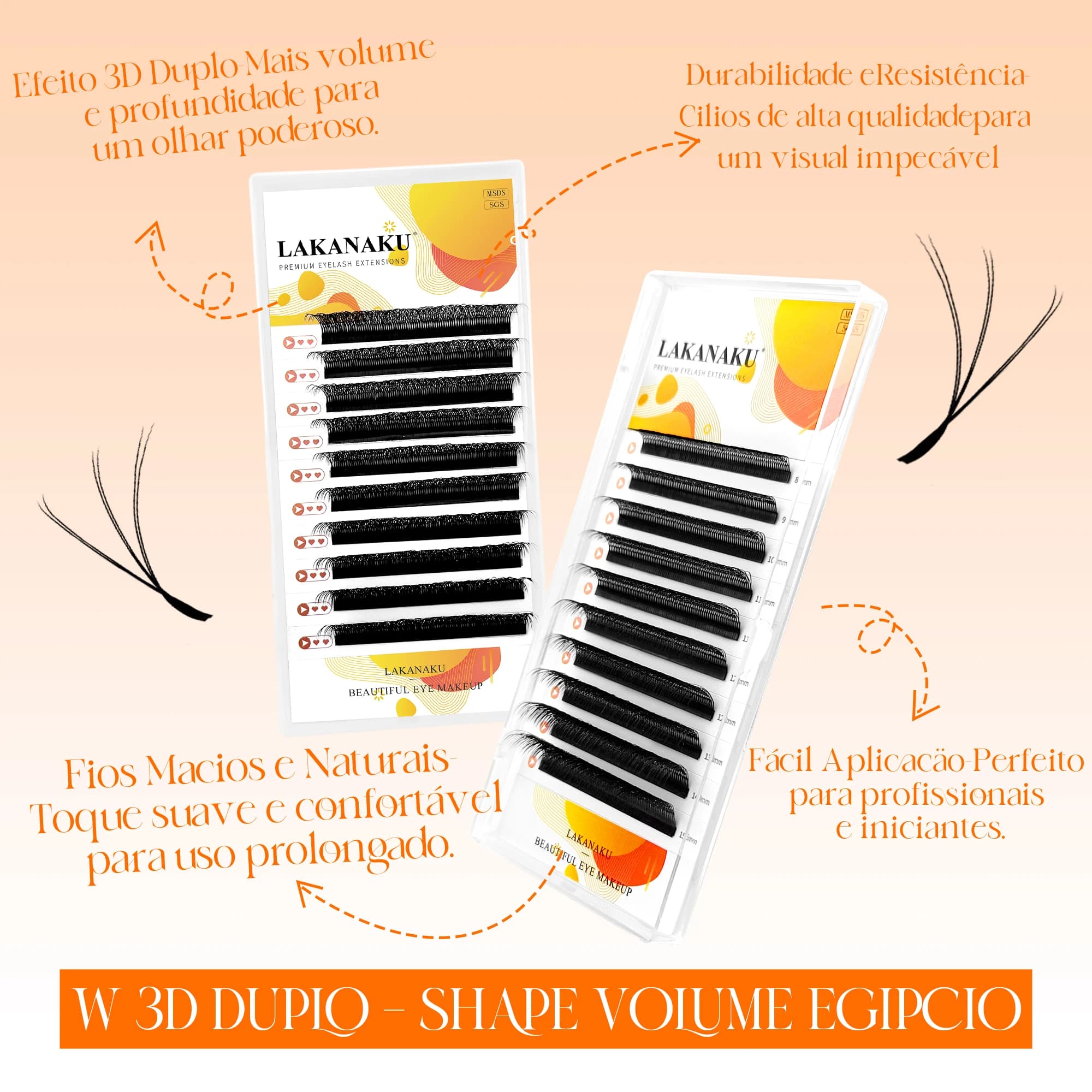 LAKANAKU 6 plateaux 6D W en forme d'extensions de cils Volume Egipcio complet Cilios naturel Fio 6w 