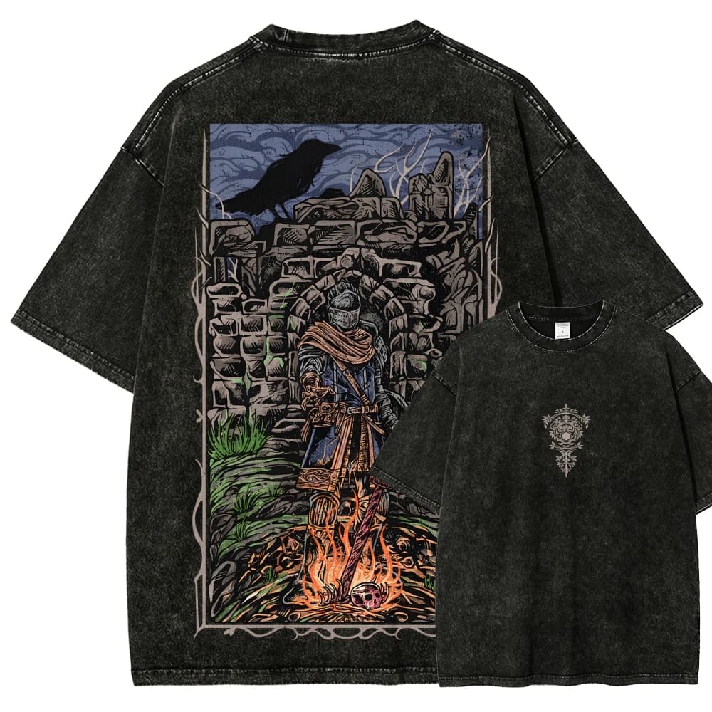 T-shirt délavé Dark Souls pour les amateurs d'anime, vêtements toute l'année, nouveau modèle, vêteme