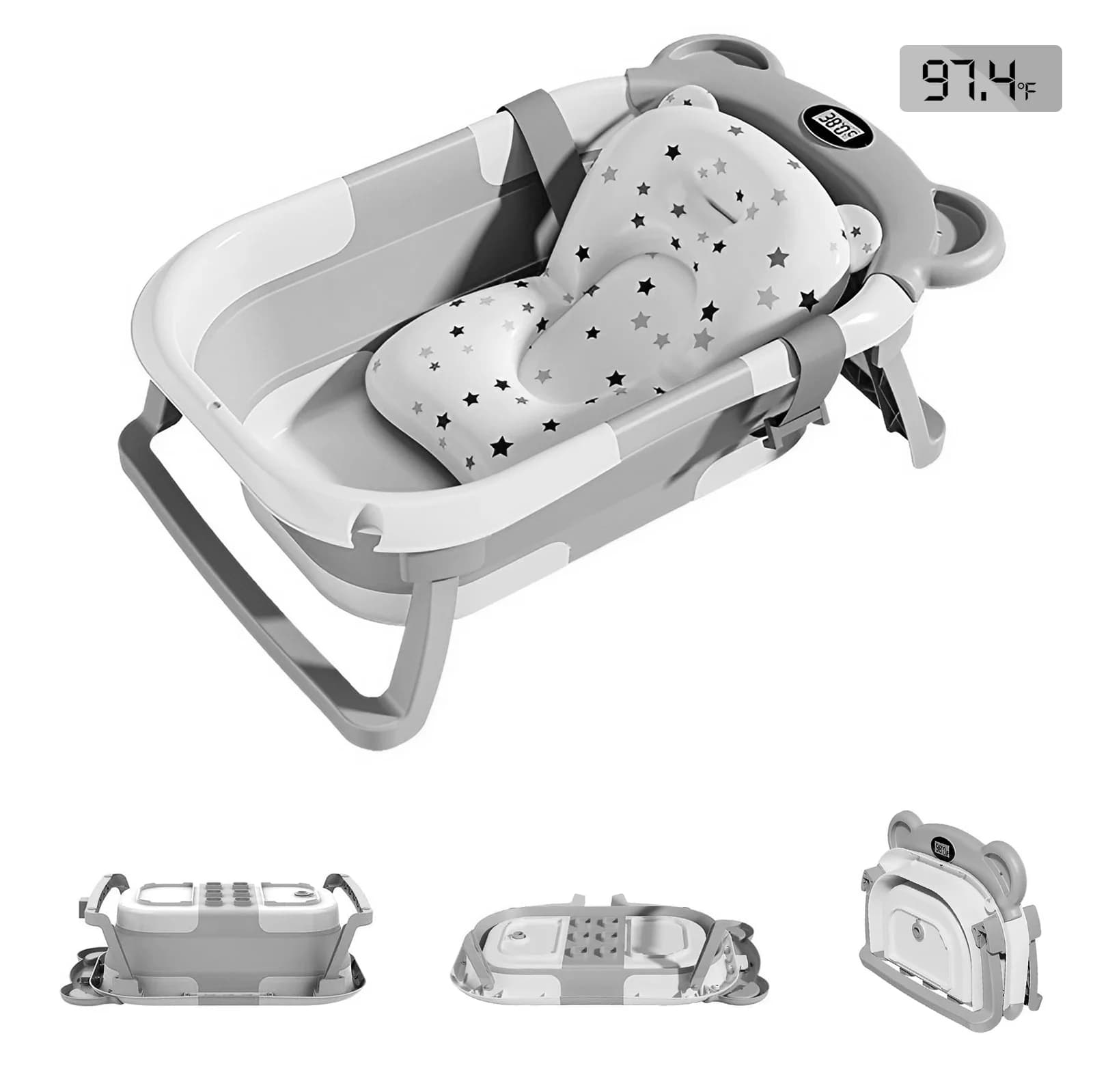Baignoire pliable pour nouveau-né, avec thermomètre et 1 coussin flottant doux, baignoire de voyage 