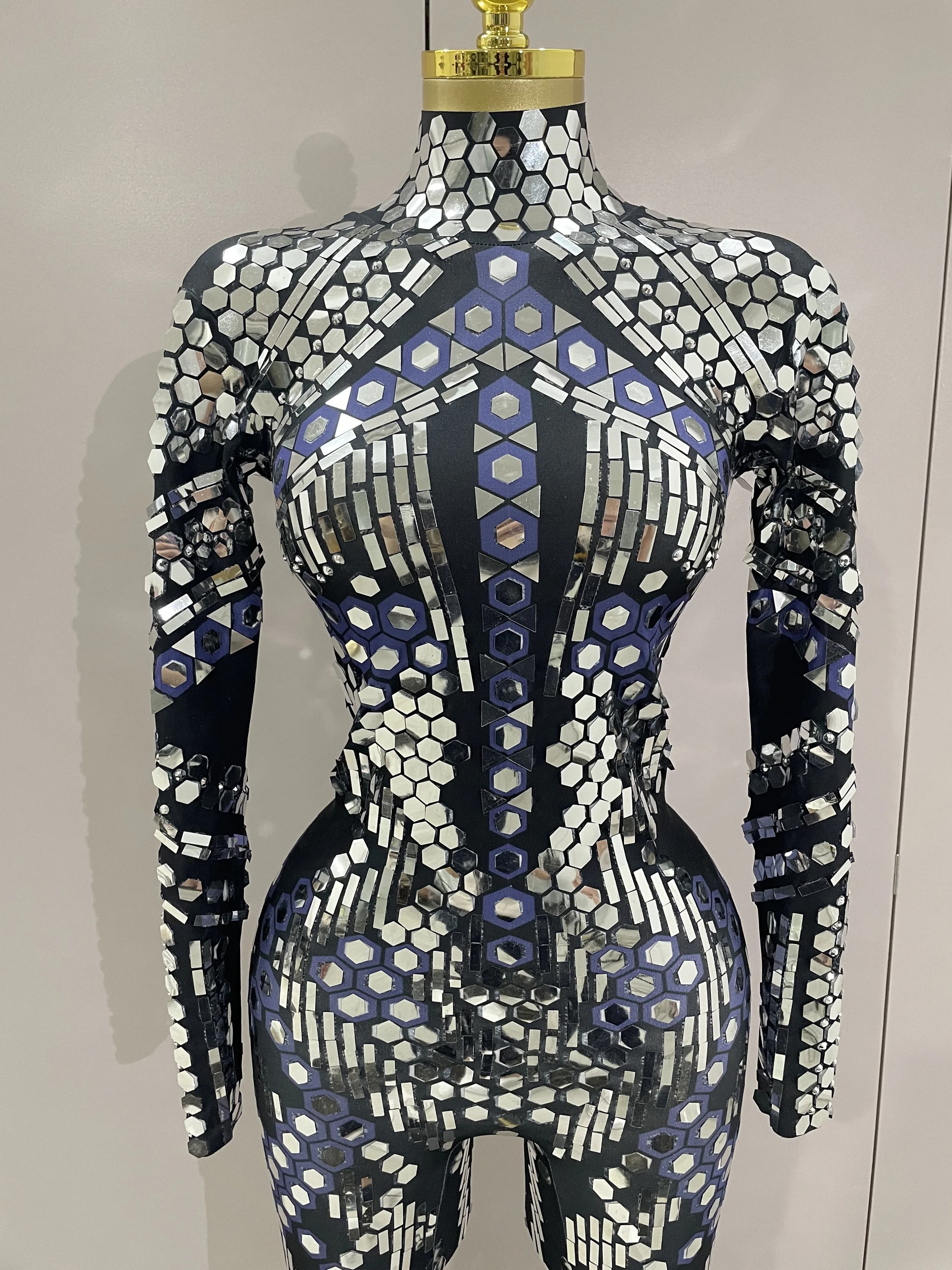 Combinaison Sexy en paillettes argentées brillantes, miroir noir, en Spandex, pour femmes, Costume d
