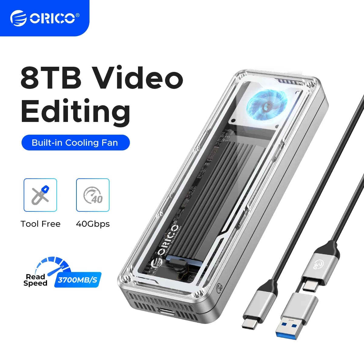 ORICO 40Gbps USB4 M.2 SSD boîtier 8 to avec ventilateur de refroidissement PCIe4.0 NVME boîtier en a