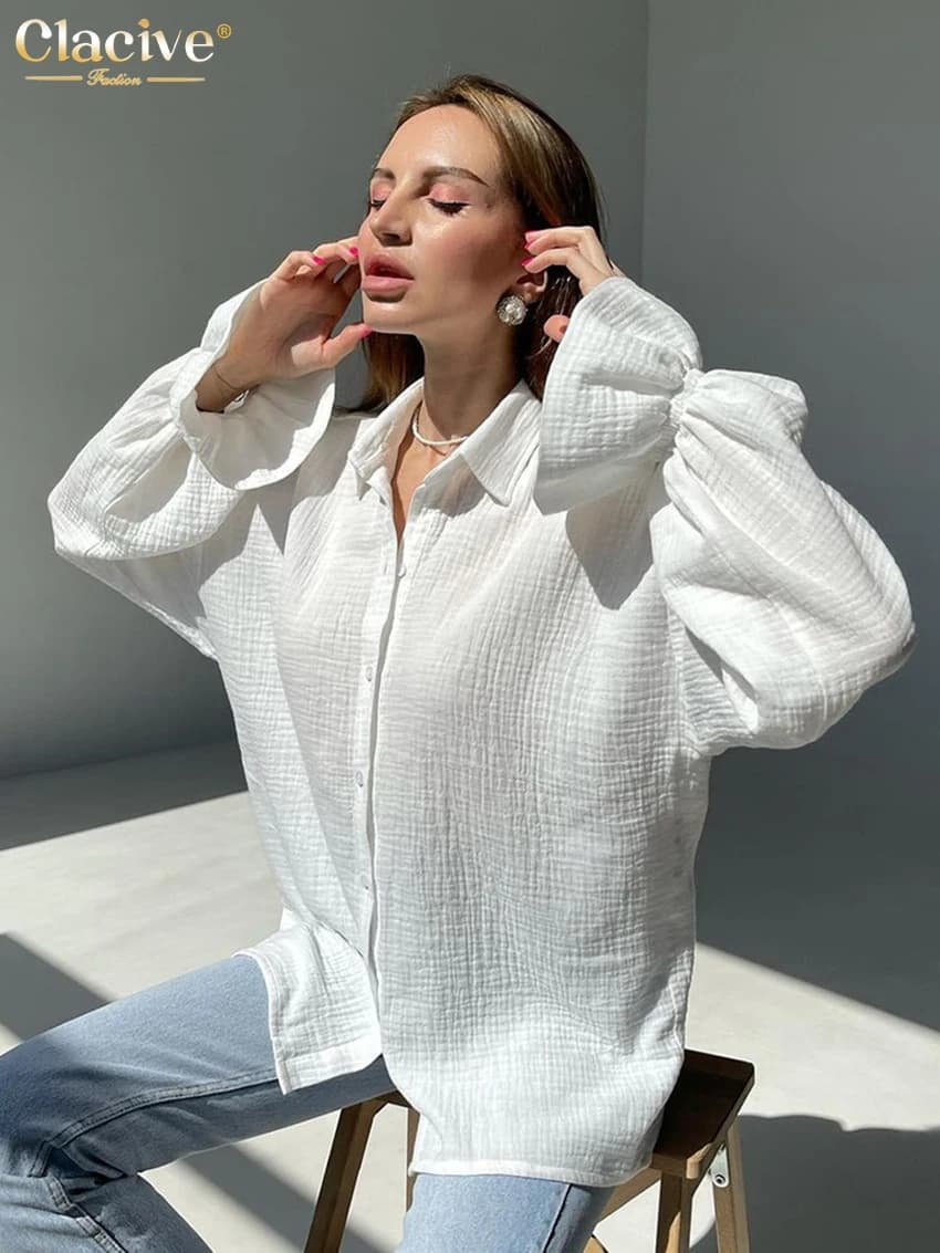 ClacMarkets-Chemisiers de bureau blancs pour femmes, chemises à manches longues à revers, haut chic 