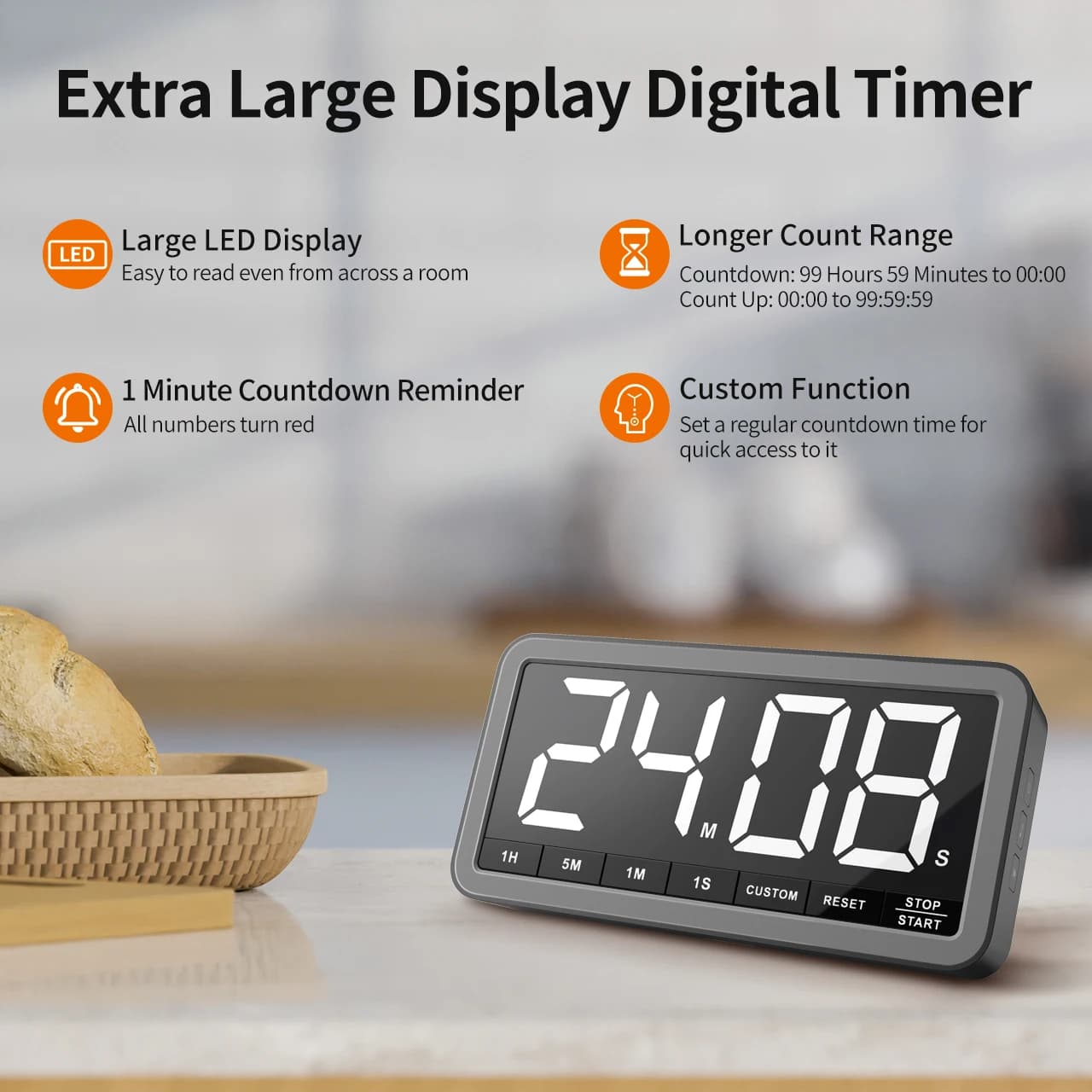 Minuteur de cuisine numérique LED rechargeable VOCOO, grand format, portable, magnétique, avec compt