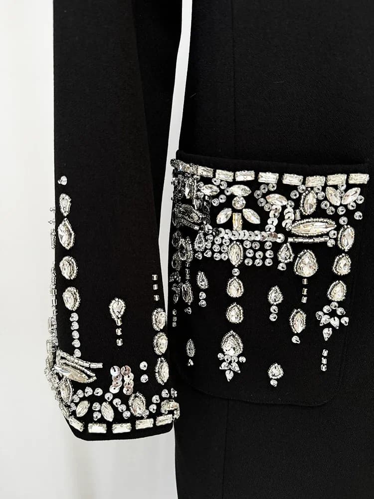 HIGH STREET plus récent 2025 créateur de mode femmes à manches longues col cranté strass diamants pe
