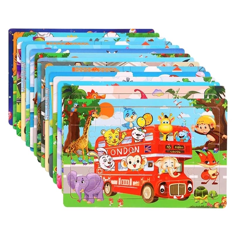 Nouveaux puzzles en bois de 30 pièces, animaux de dessin animé, trafic, tangram, puzzle 3D en bois, 