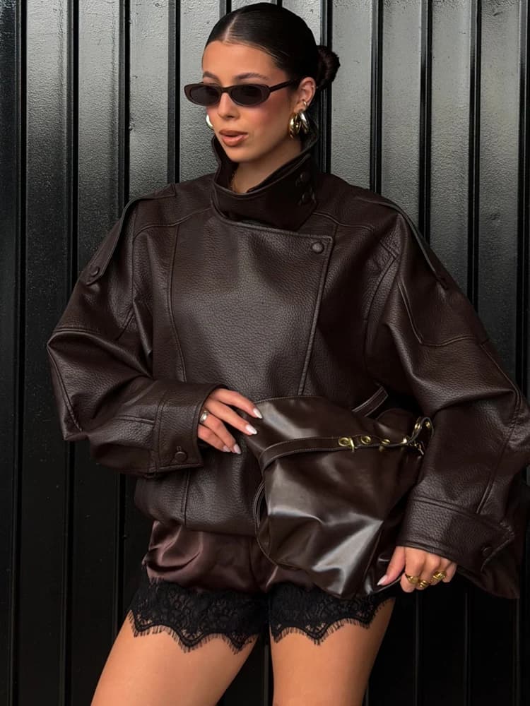 HH Veste en similicuir pour femme Printemps Automne 2026, style motard vintage oversize, coupe ample