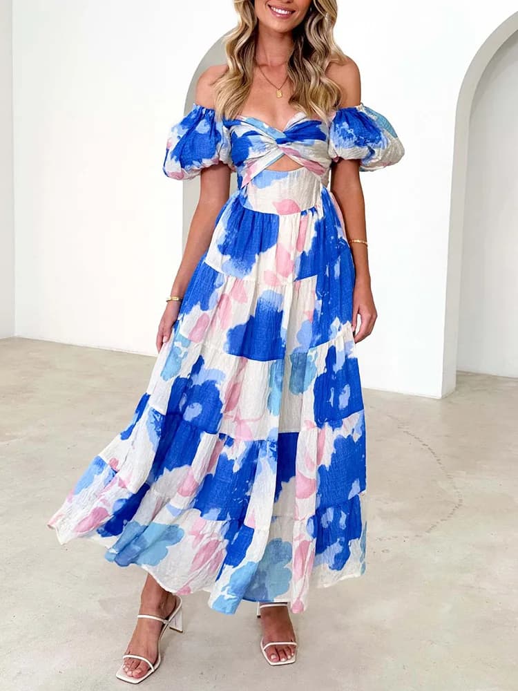 Robe maxi à manches bouffantes évidées pour femmes, robe de soirée à imprimé patchwork pour femmes, 