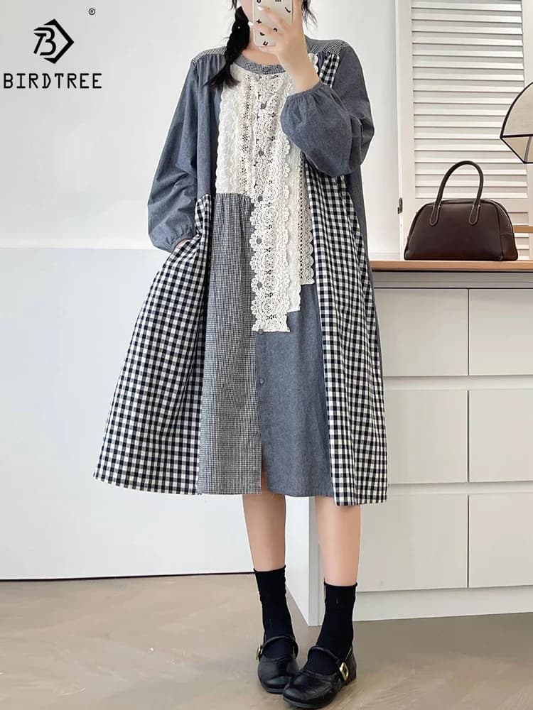 Nouvelles robes d'été en coton à manches longues pour femmes, dentelle à carreaux brodée pour femmes