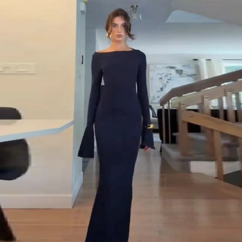 Robe longue en maille bleu nuit dos nu pour femme, élégante, à manches évasées, moulante, coupe sirè