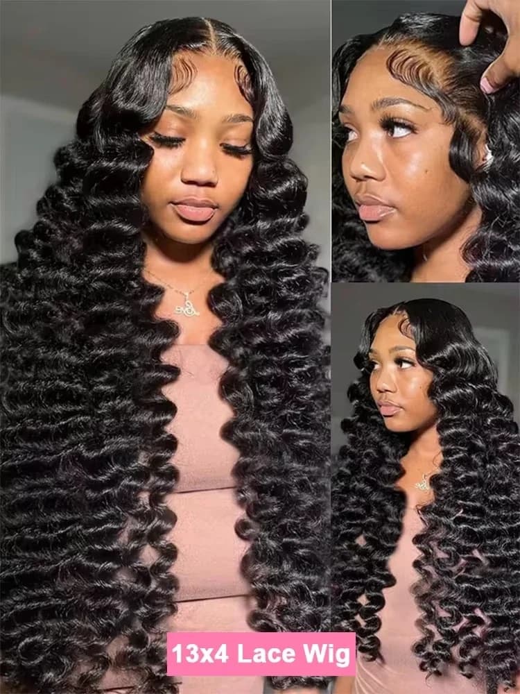 Perruque Lace Frontal Wig naturelle bouclée, cheveux humains, Deep Wave, 40 pouces, 13x6, 13x4, HD, 