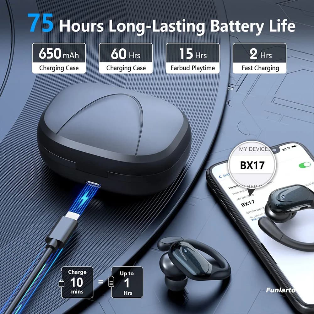 Écouteurs de course sans fil 75 heures d'autonomie de la batterie sur l'oreille écouteurs avec croch